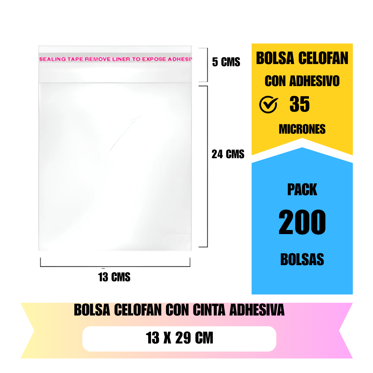 Bolsa celofán transparente 13x29 cm con adhesivo para embalaje