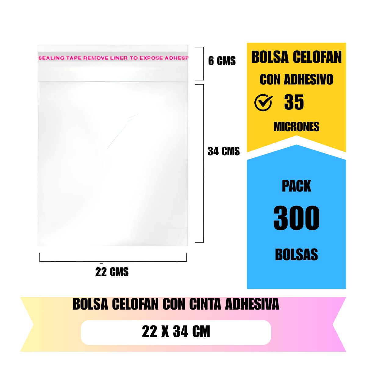 Bolsa celofán transparente 22x34 cm con adhesivo para embalaje