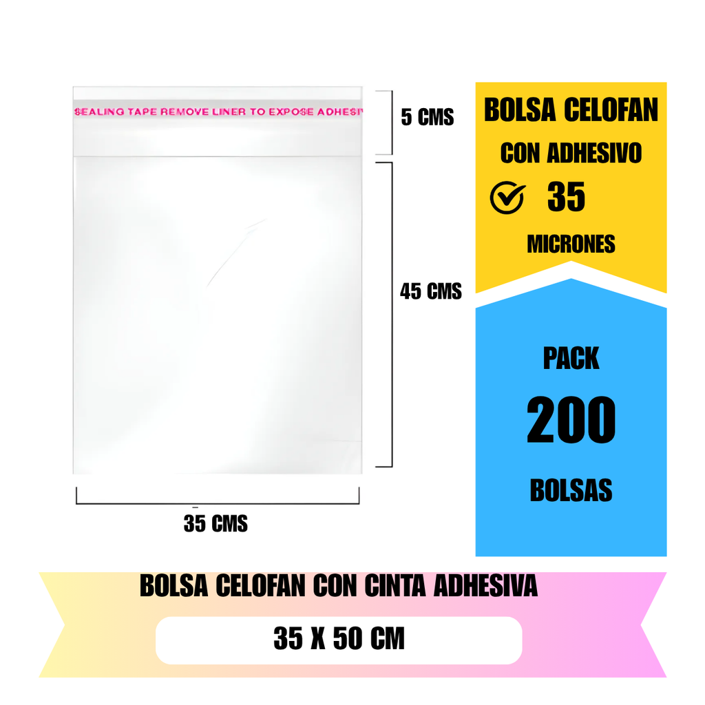 Bolsa celofán transparente 35x50 cm con adhesivo para embalaje