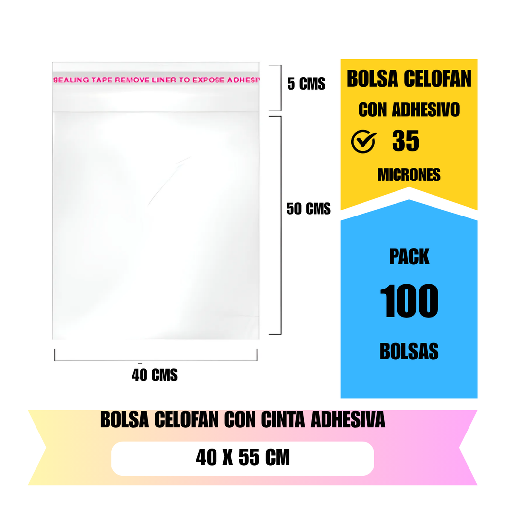 Bolsa celofán transparente 40x55  cm con adhesivo para embalaje