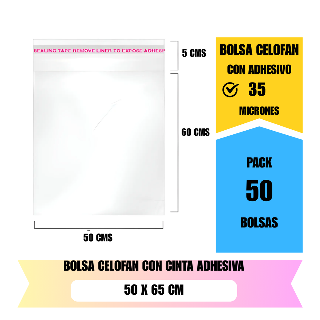 Bolsa celofán transparente 50x65 cm con adhesivo para embalaje