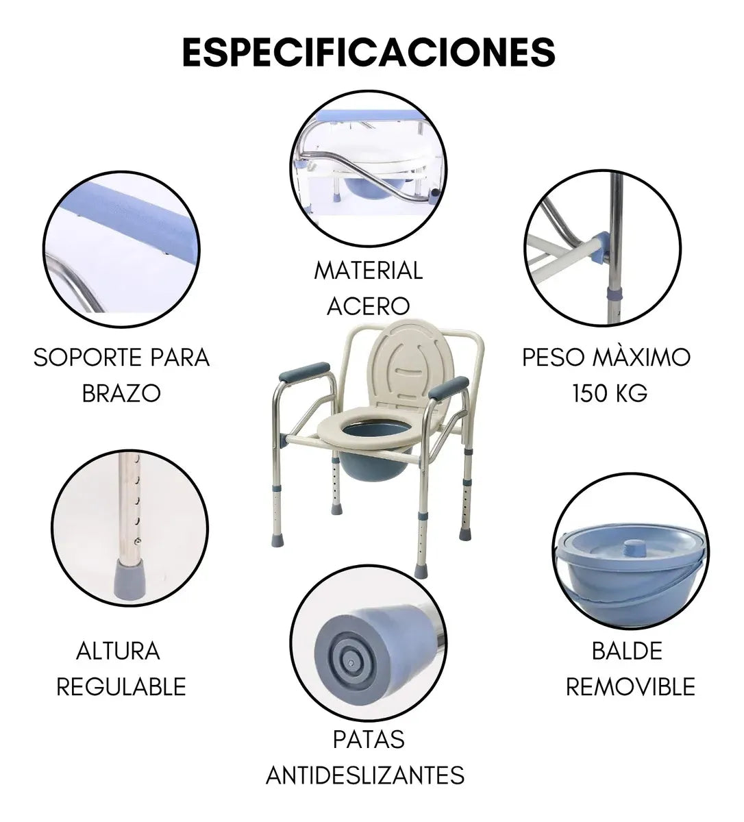 Silla Inodoro Baño Portátil Agarradera Adulto Ajustable