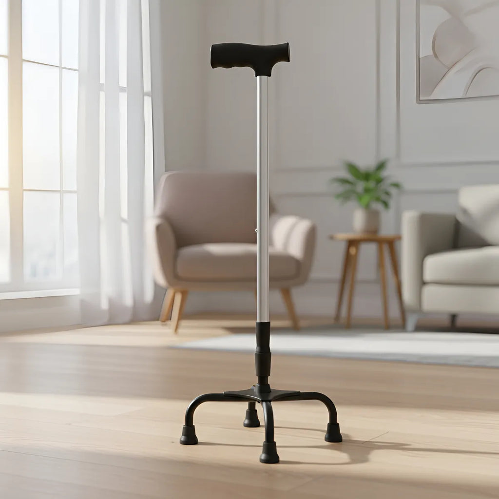 Bastón Ajustable Deltabuy Puño Alemán 4 Apoyos Aluminio Plateado