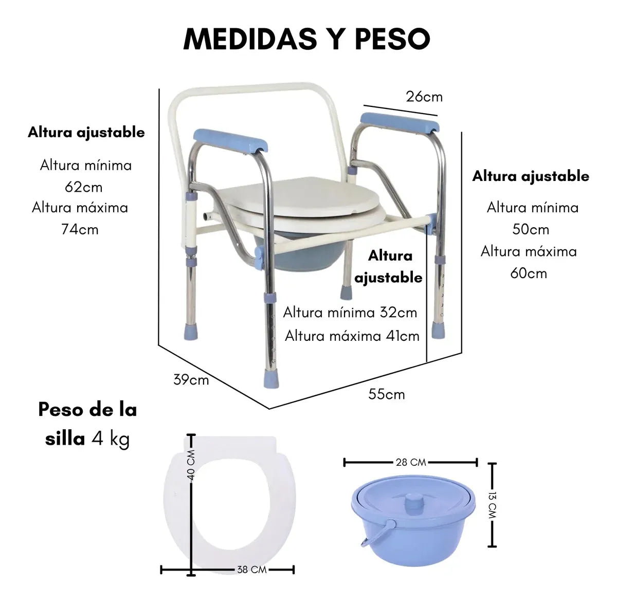 Silla Inodoro Baño Portátil Agarradera Adulto Ajustable