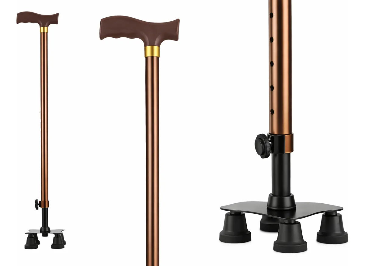 Bastón Ortopédico 4 Patas Ajustable Antideslizante Café Marrón