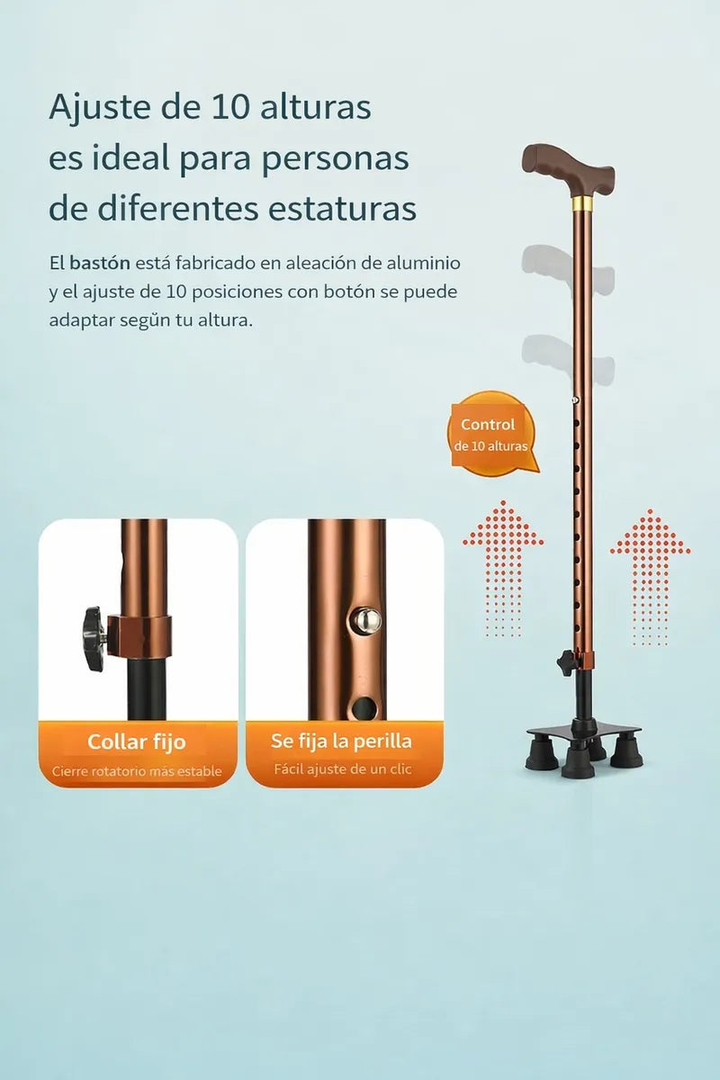 Bastón Ortopédico 4 Patas Ajustable Antideslizante Café Marrón